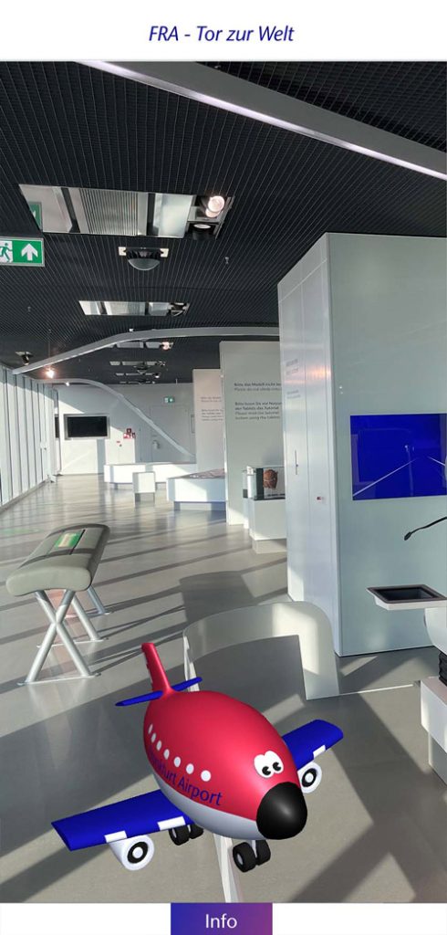 Screenshot der Indoor-Navigation mit einem 3D-Modell als Wegweiser
